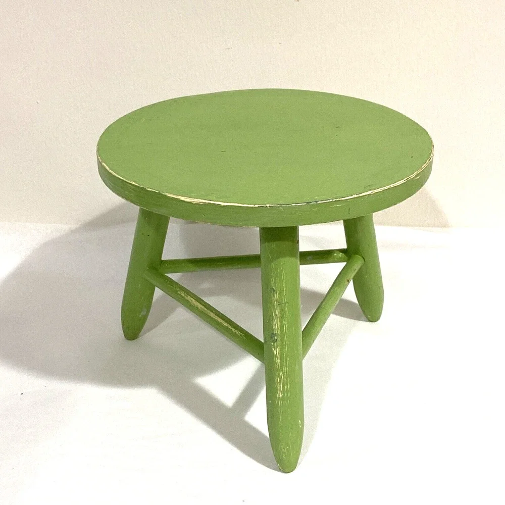 Vintage 3-legged milking stool primitive green paint wood childs size farmhouse